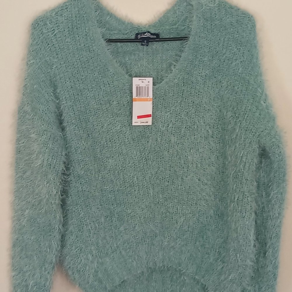 Freshman Canton Green Fuzzy Cropped Sweater, SIze Small